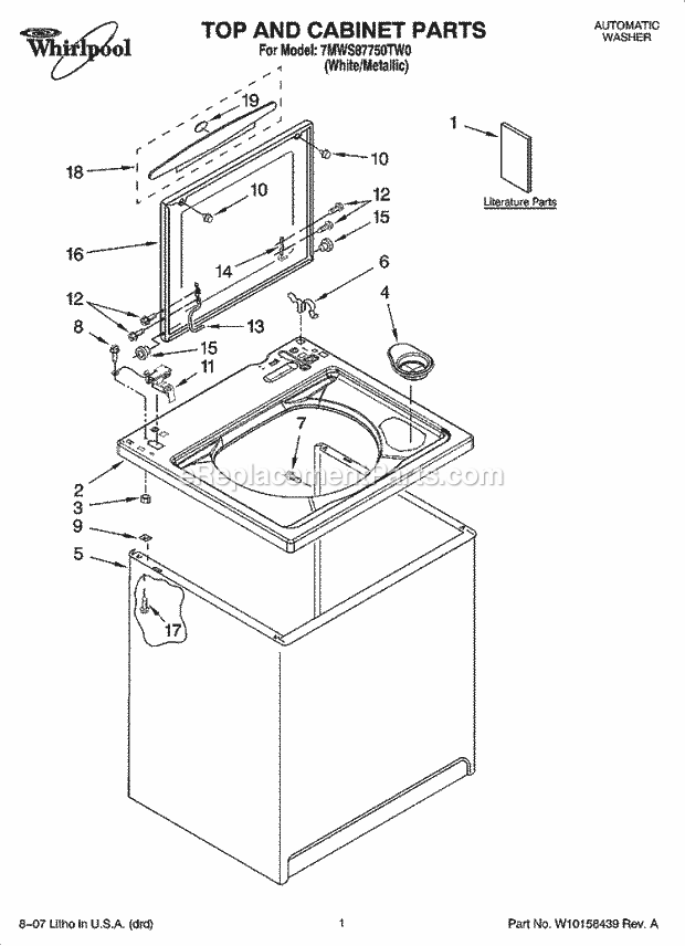 Whirlpool 7MWS87750TW0 Residential Washer Top and Cabinet Parts Diagram