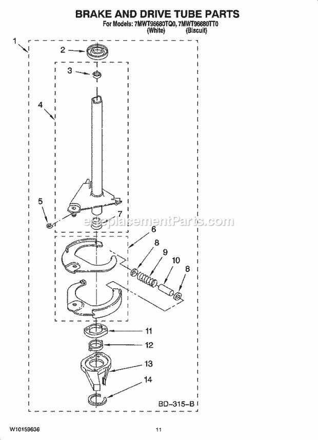 Whirlpool 7MWT96680TQ0 Residential Washer Brake and Drive Tube Parts Diagram
