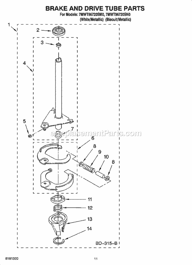 Whirlpool 7MWT96720SM0 Residential Washer Brake and Drive Tube Parts Diagram