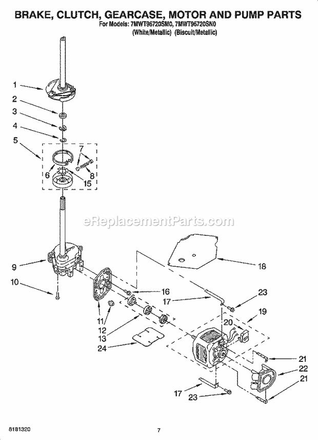 Whirlpool 7MWT96720SM0 Residential Washer Brake, Clutch, Gearcase, Motor and Pump Parts Diagram