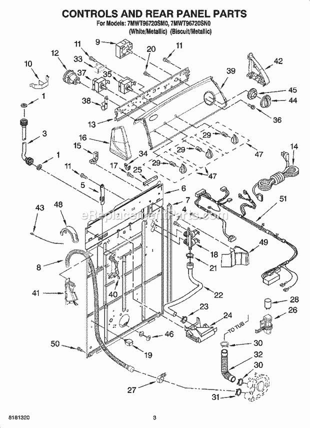 Whirlpool 7MWT96720SM0 Residential Washer Controls and Rear Panel Parts Diagram