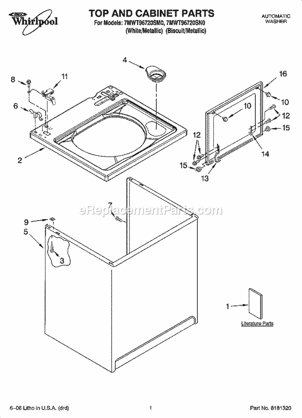 Whirlpool 7MWT96720SM0 Residential Washer Top and Cabinet Parts Diagram