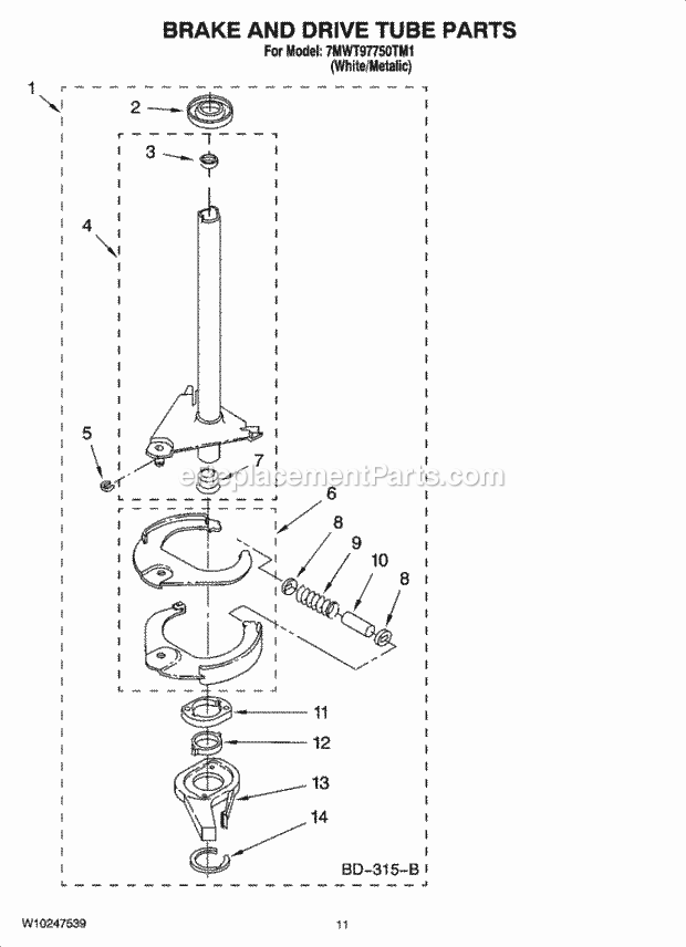 Whirlpool 7MWT97750TM1 Residential Washer Brake and Drive Tube Parts Diagram