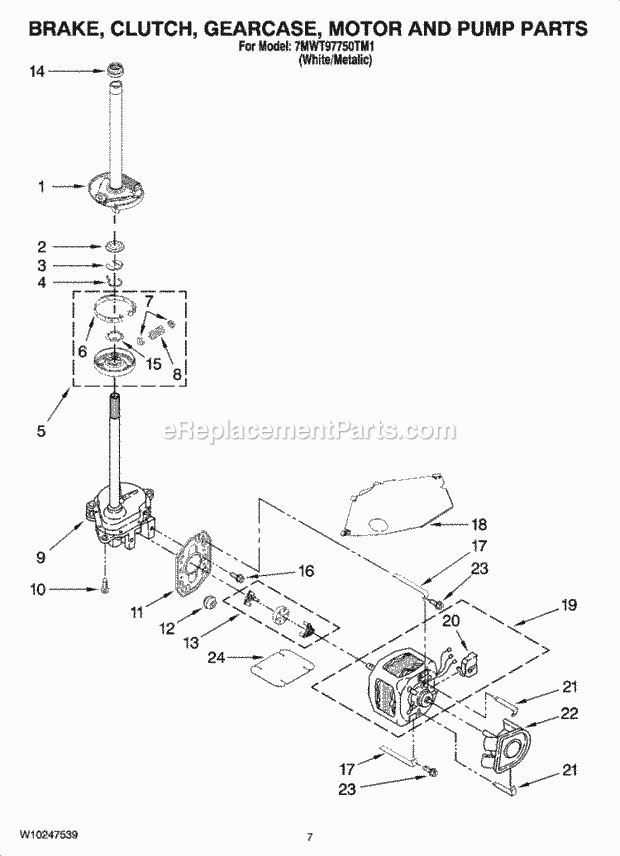 Whirlpool 7MWT97750TM1 Residential Washer Brake, Clutch, Gearcase, Motor and Pump Parts Diagram