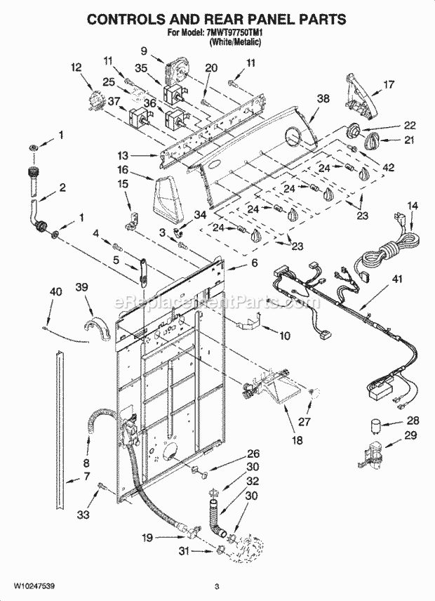 Whirlpool 7MWT97750TM1 Residential Washer Controls and Rear Panel Parts Diagram