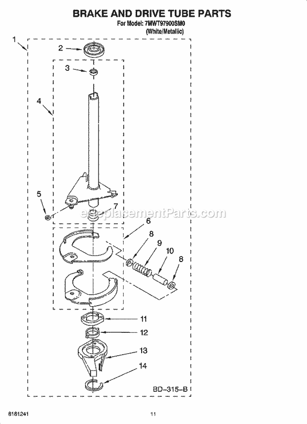 Whirlpool 7MWT97900SM0 Residential Washer Brake and Drive Tube Parts Diagram