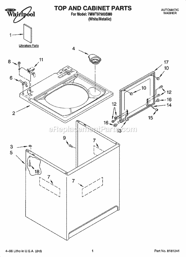 Whirlpool 7MWT97900SM0 Residential Washer Top and Cabinet Parts Diagram