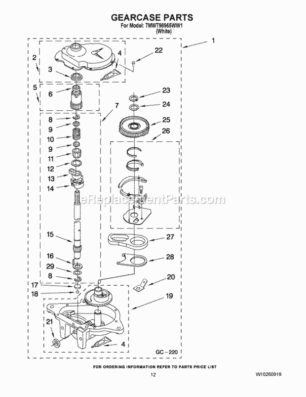 Whirlpool 7MWT98965WW1 Residential Automatic Washer Gearcase Parts Diagram