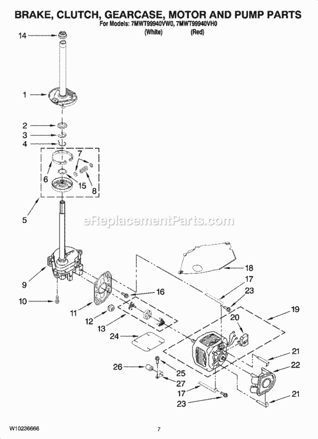 Whirlpool 7MWT99940VH0 Residential Washer Brake, Clutch, Gearcase, Motor and Pump Parts Diagram