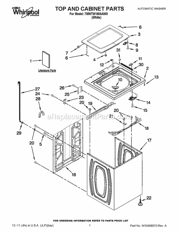 Whirlpool 7MWTW1605AW0 Automatic Washer Top and Cabinet Parts Diagram