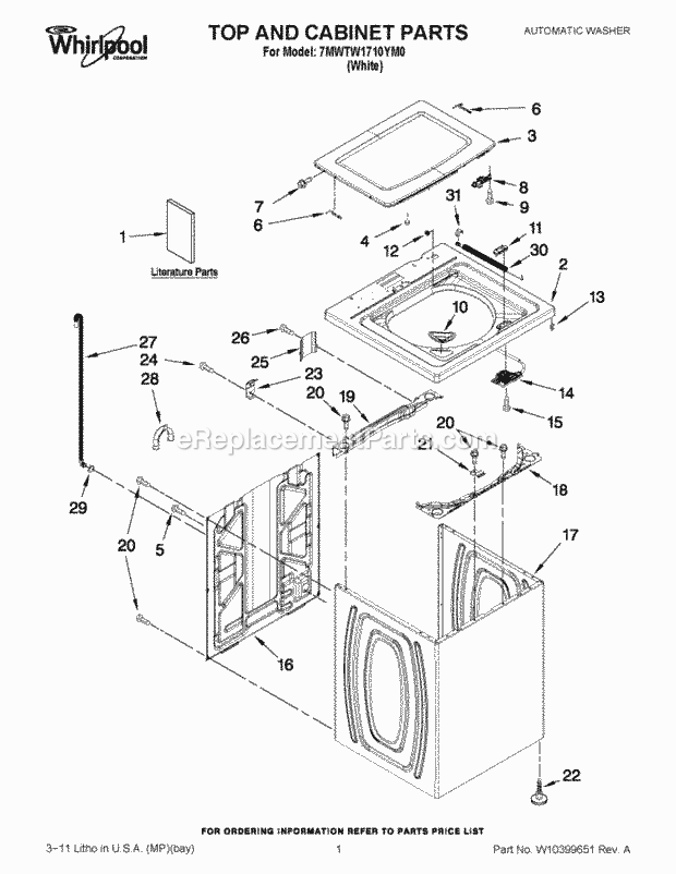 Whirlpool 7MWTW1710YM0 Residential Automatic Washer Top and Cabinet Parts Diagram