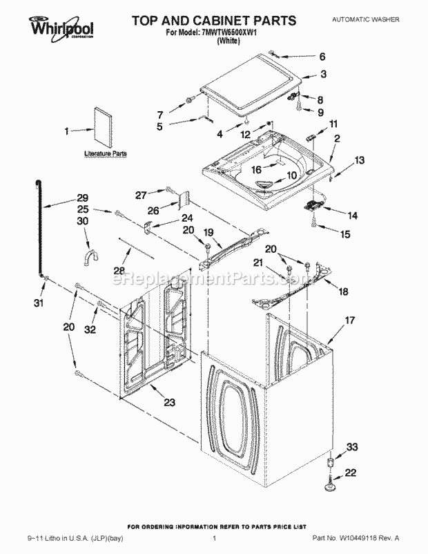 Whirlpool 7MWTW5500XW1 Residential Automatic Washer Top and Cabinet Parts Diagram