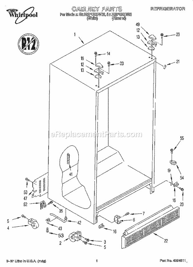 Whirlpool 8ED22PQXDW02 Side-By-Side Refrigerator Cabinet Diagram