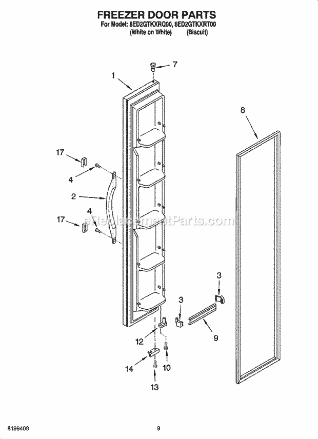 Whirlpool 8ED2GTKXRT00 Side-By-Side Refrigerator Freezer Door Parts Diagram