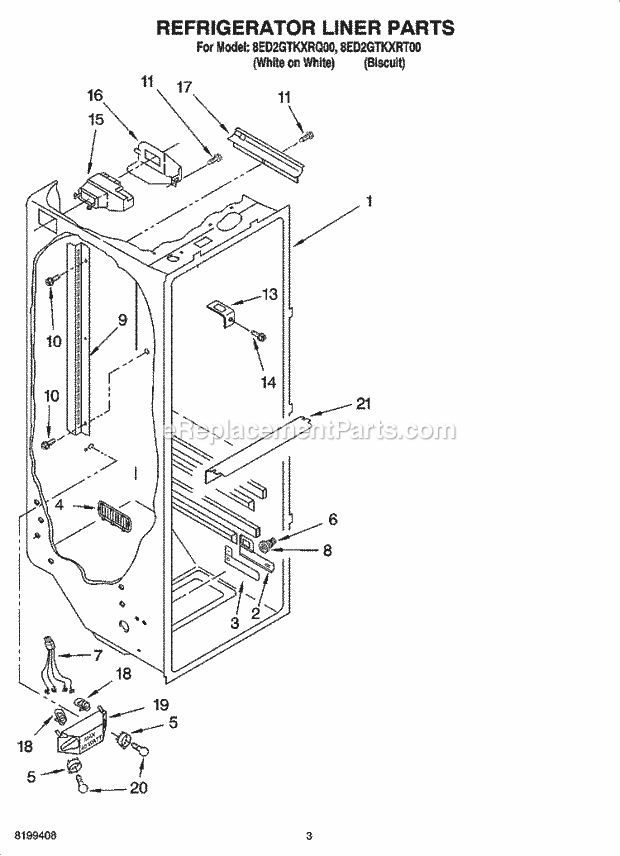 Whirlpool 8ED2GTKXRT00 Side-By-Side Refrigerator Refrigerator Liner Parts Diagram