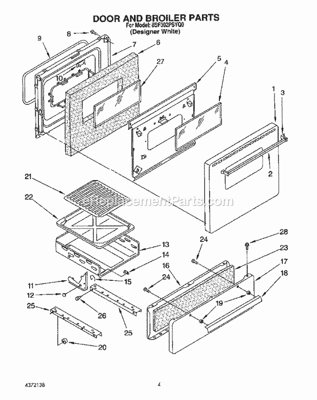 Whirlpool 8SF302PSYQ0 Gas Range Door and Broiler Diagram