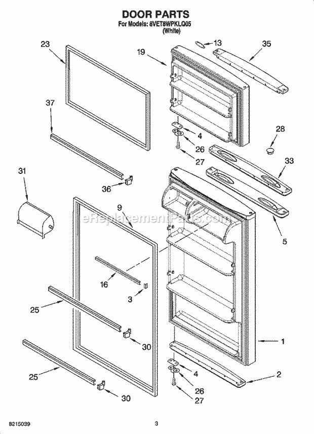 Whirlpool 8VET8WPKLQ05 Top Freezer Top-Mount Refrigerator Door Parts Diagram