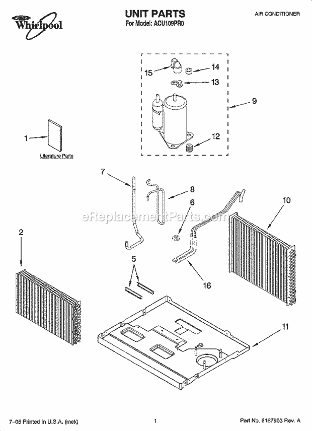 Whirlpool ACU109PR0 Air Conditioner Cabinet Parts Diagram