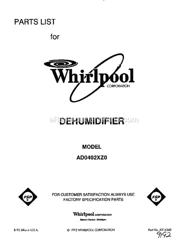 Whirlpool AD0402XZ0 Dehumidifier Page D Diagram