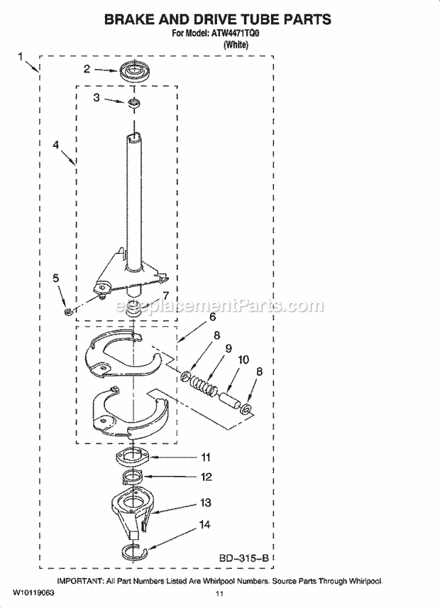 Whirlpool ATW4471TQ0 Washer Brake and Drive Tube Parts Diagram