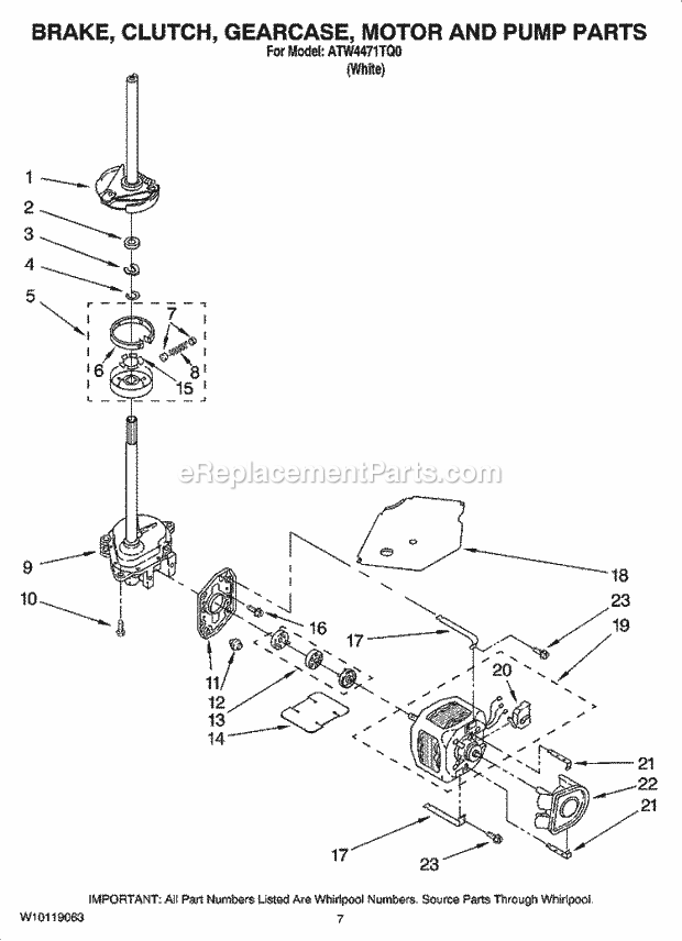 Whirlpool ATW4471TQ0 Washer Brake, Clutch, Gearcase, Motor and Pump Parts Diagram