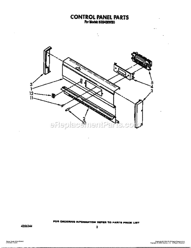 Whirlpool BES430WB0 Range Control Panel Diagram