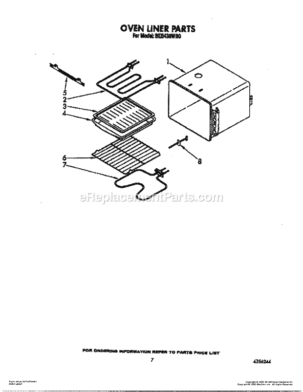 Whirlpool BES430WB0 Range Oven Liner Diagram