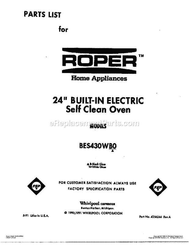 Whirlpool BES430WB0 Range Page G Diagram