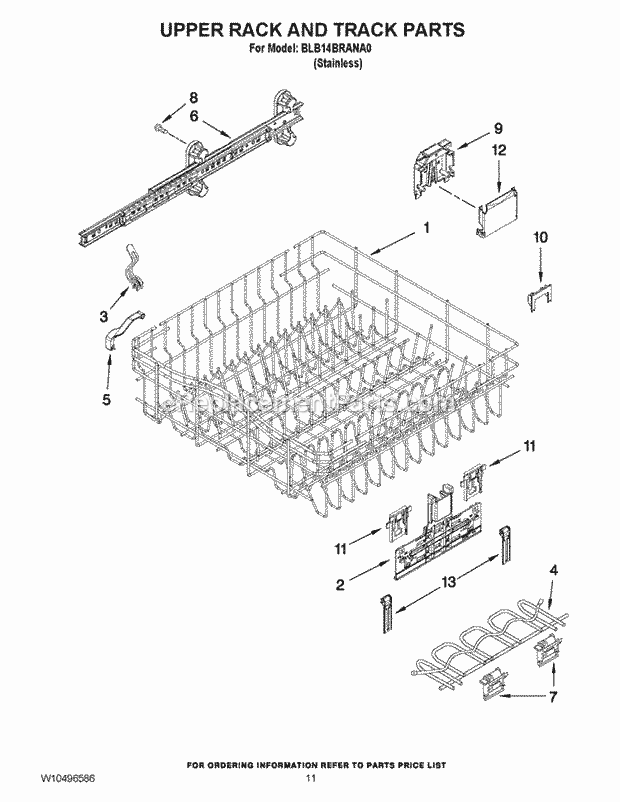 Whirlpool BLB14BRANA0 Undercounter Dishwasher Upper Rack and Track Parts Diagram