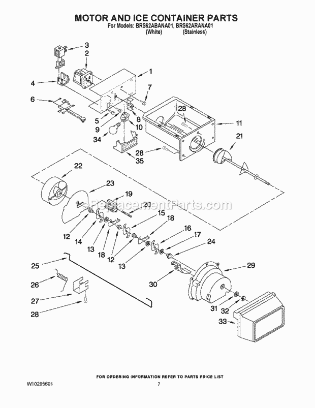 Whirlpool BRS62ARANA01 Side-By-Side Refrigerator Motor and Ice Container Parts Diagram
