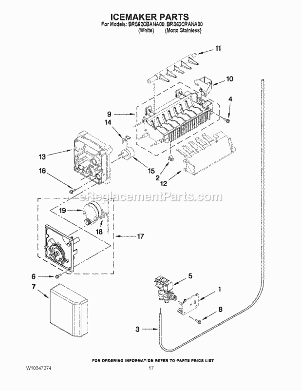 Whirlpool BRS62CBANA00 Side-By-Side Refrigerator Icemaker Parts Diagram