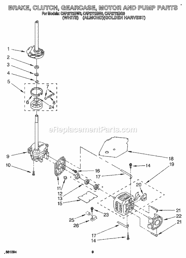 Whirlpool CAP2772BG0 Commercial Automatic Washer Brake, Clutch, Gearcase, Motor and Pump Diagram