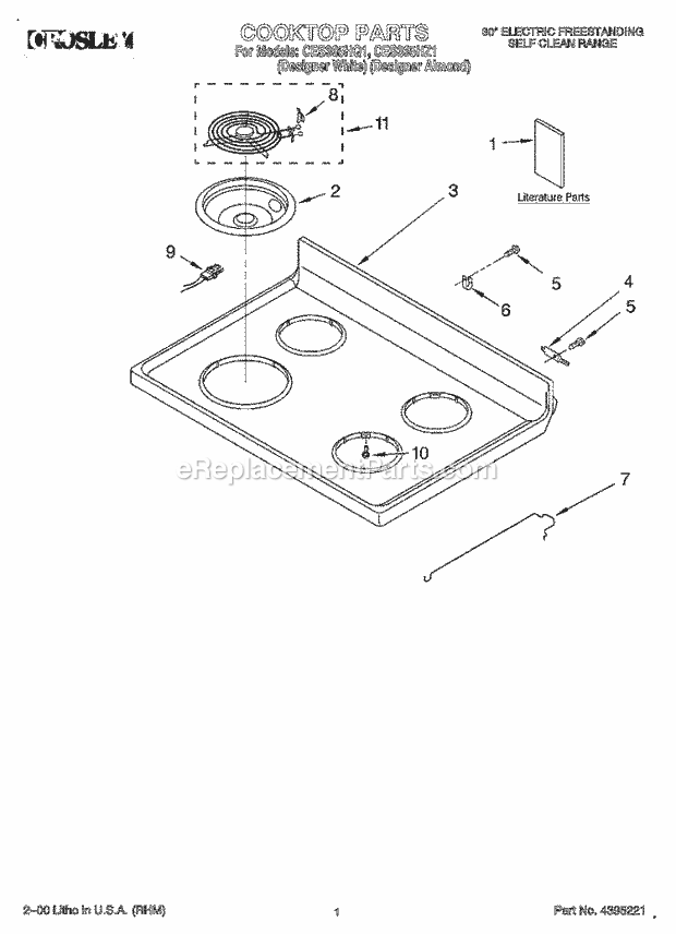 Whirlpool CES365HQ1 Electric Range Cooktop, Literature Diagram