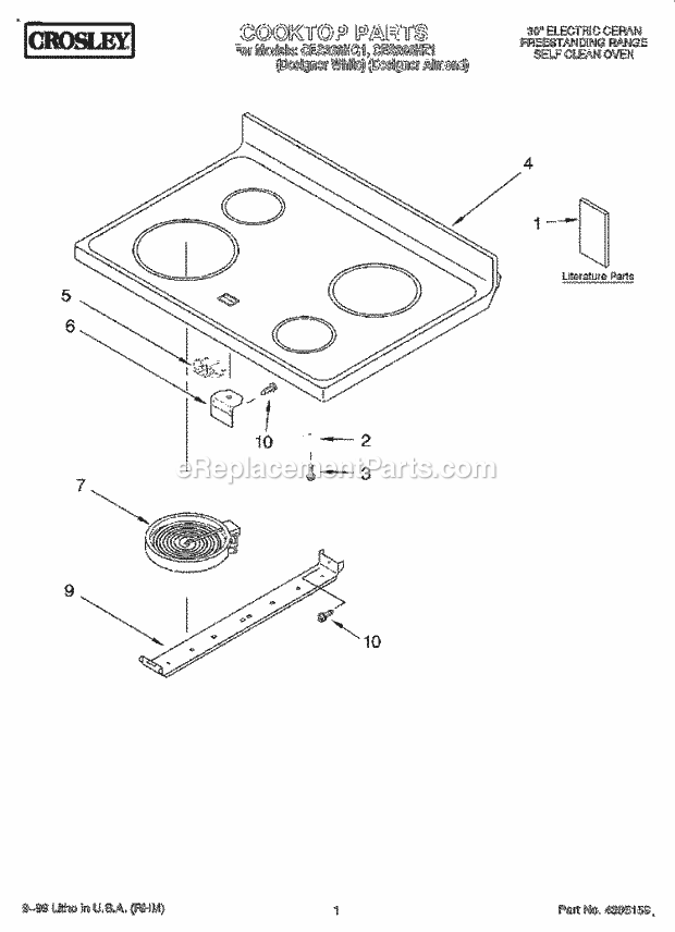 Whirlpool CES366HQ1 Freestanding Electric Range Cooktop, Literature Diagram