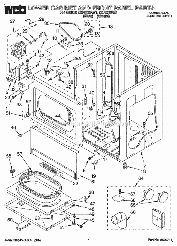 Whirlpool CSP2760AN1 Commercial Dryer Lower Cabinet and Front Panel Diagram