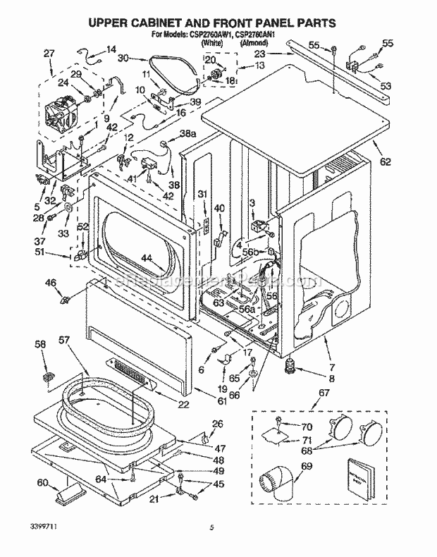 Whirlpool CSP2760AN1 Commercial Dryer Upper Cabinet and Front Panel Diagram