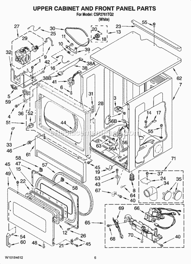 Whirlpool CSP2761TQ2 Commercial Dryer Upper Cabinet and Front Panel Parts Diagram