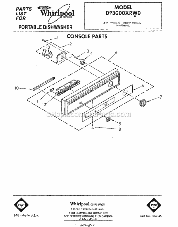 Whirlpool DP3000XRG0 Dishwasher Pump And Motor Diagram