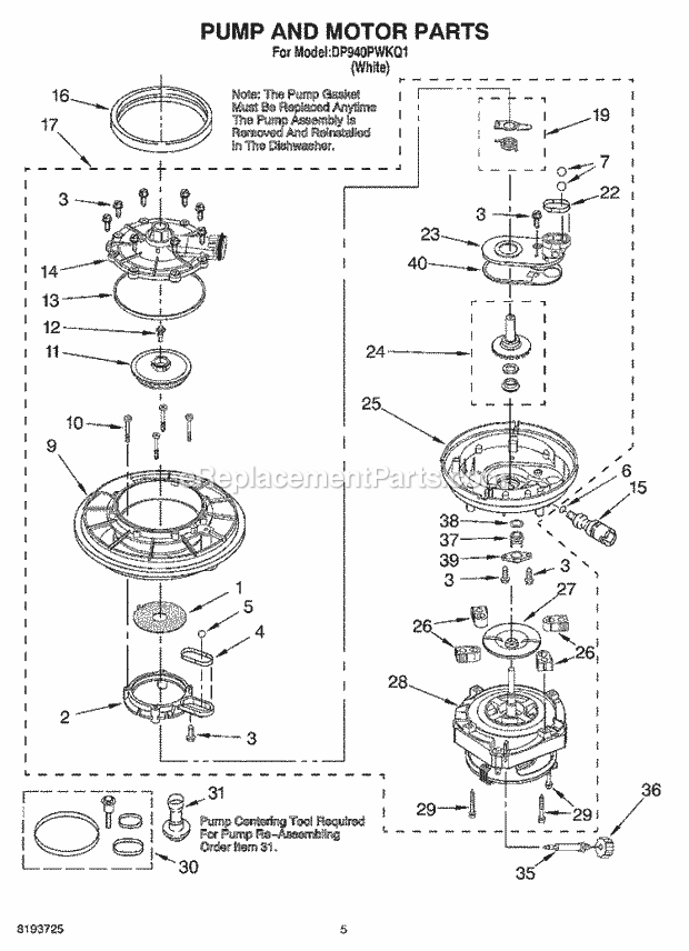 Whirlpool DP940PWKQ1 Dishwasher Pump And Motor Diagram