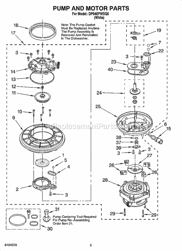 Whirlpool DP940PWSQ0 Dishwasher Pump and Motor Parts Diagram