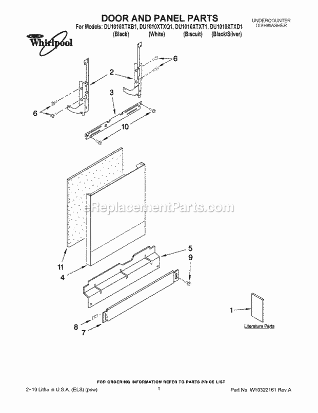 Whirlpool DU1010XTXB1 Under Counter Dishwasher Door and Panel Parts Diagram