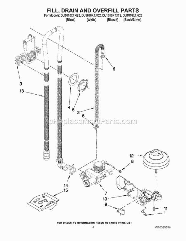 Whirlpool DU1010XTXQ2 Undercounter Dishwasher Fill, Drain and Overfill Parts Diagram