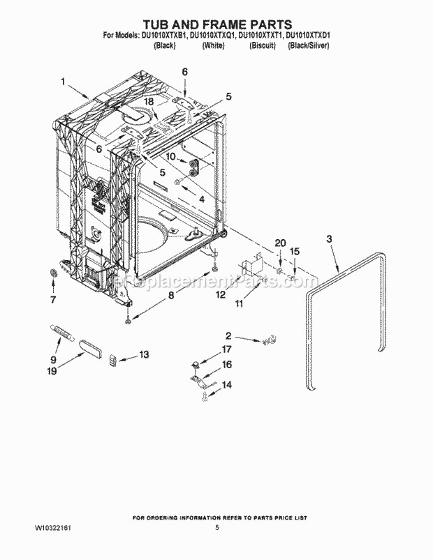 Whirlpool DU1010XTXT1 Under Counter Dishwasher Tub and Frame Parts Diagram