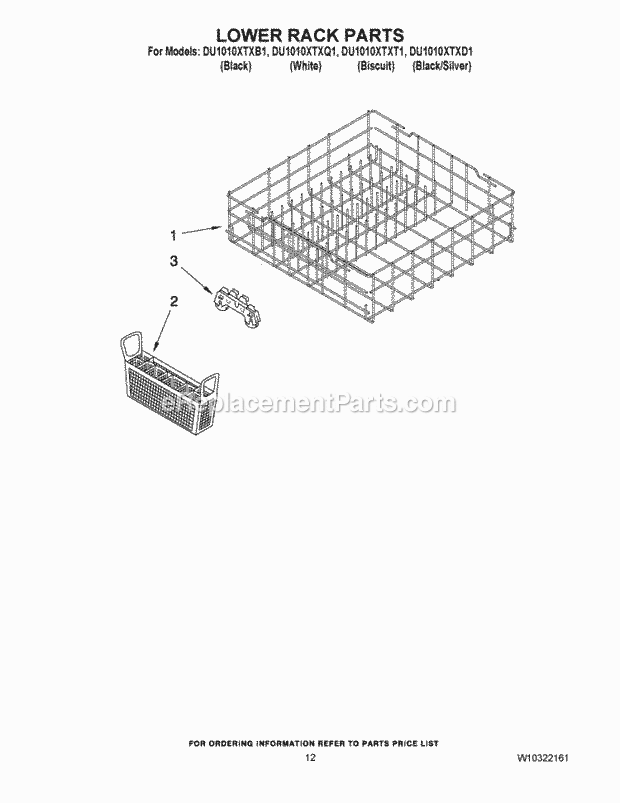 Whirlpool DU1010XTXT1 Under Counter Dishwasher Lower Rack Parts Diagram