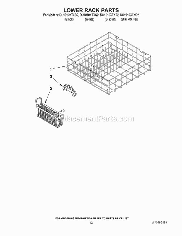 Whirlpool DU1010XTXT2 Undercounter Dishwasher Lower Rack Parts Diagram