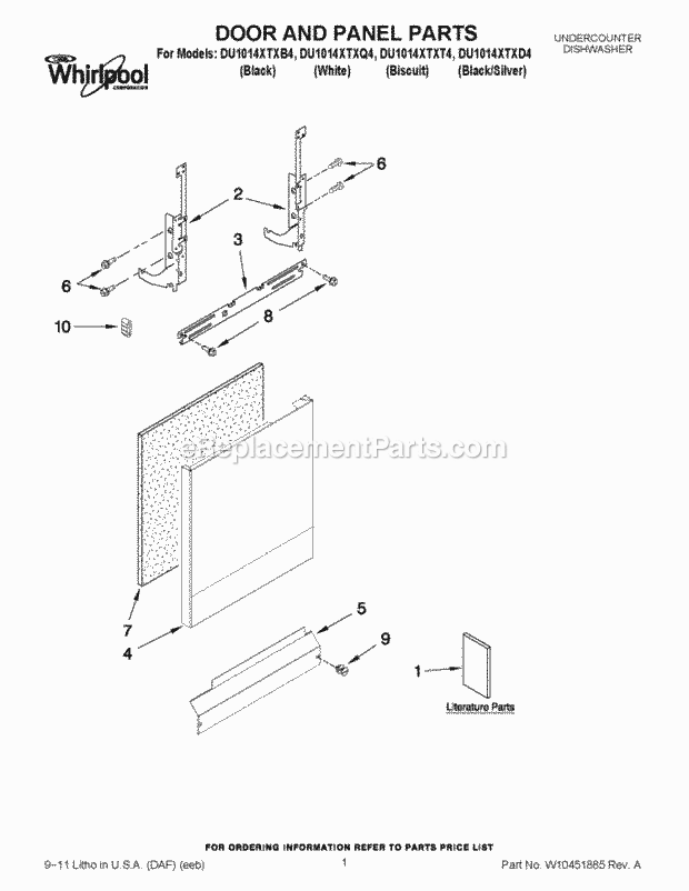 Whirlpool DU1014XTXT4 Undercounter Dishwasher Door and Panel Parts Diagram