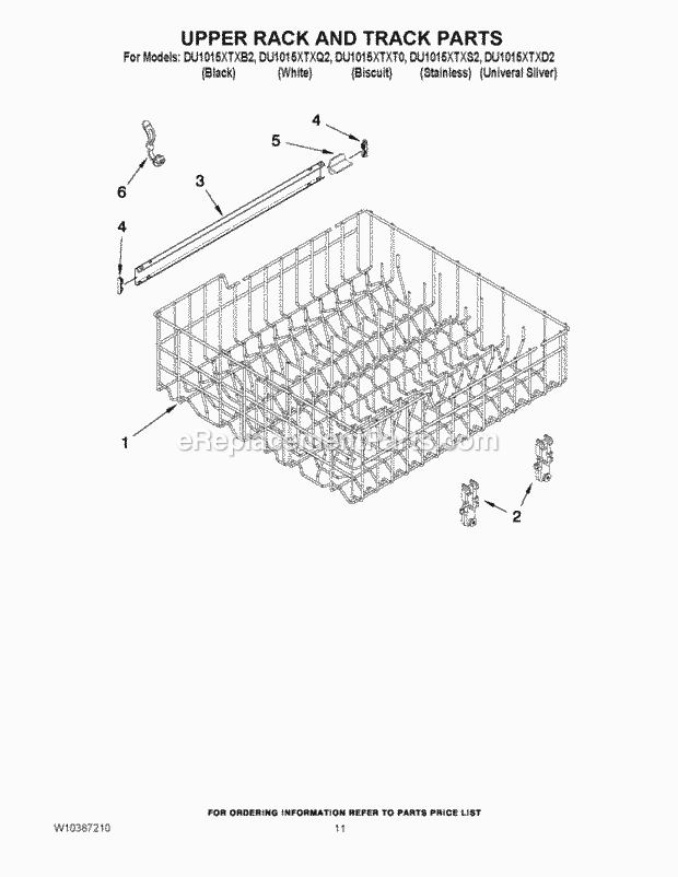 Whirlpool DU1015XTXQ2 Undercounter Dishwasher Upper Rack and Track Parts Diagram