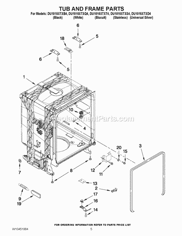 Whirlpool DU1015XTXQ4 Undercounter Dishwasher Tub and Frame Parts Diagram