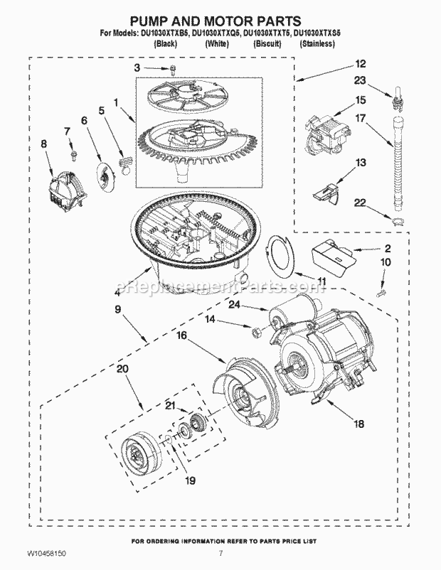 Whirlpool DU1030XTXB5 Undercounter Dishwasher Pump and Motor Parts Diagram