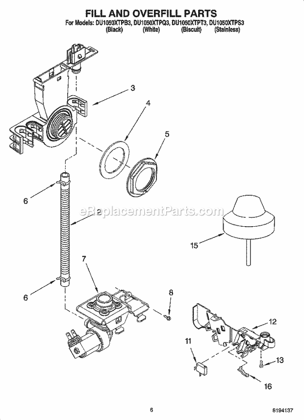 Whirlpool DU1050XTPS3 Dishwasher Fill And Overfill Parts Diagram